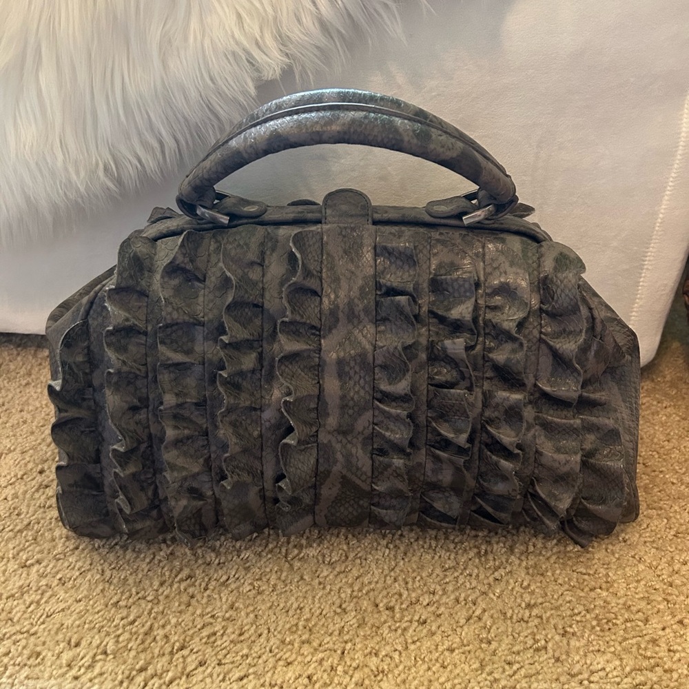 Jessica Simpson Ruffle Satchel – Snake Print with Floral Interior